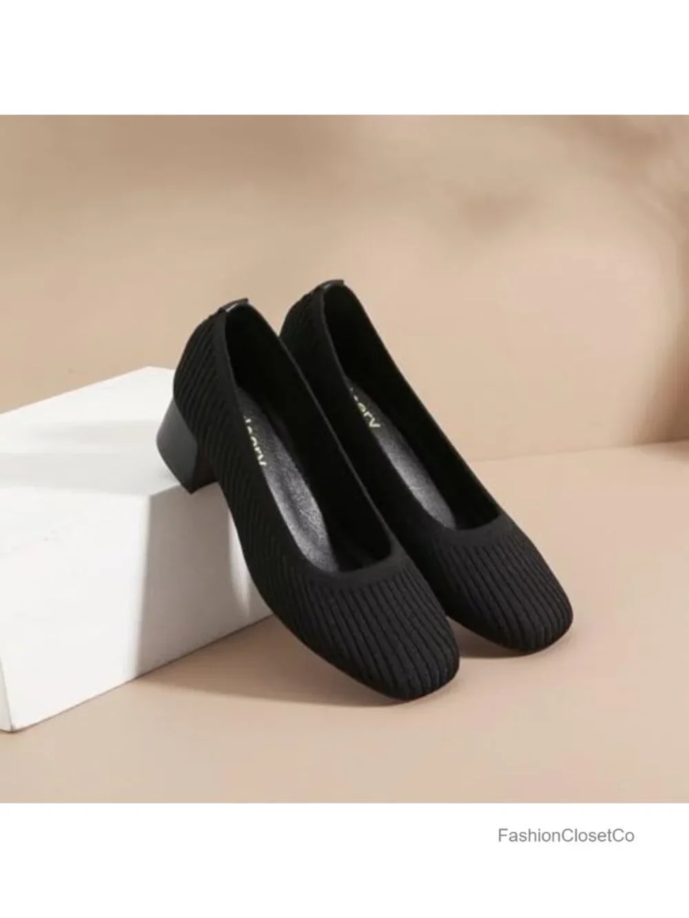Womens Square Toe Knit Pumps Low Heel Dress Shoes Slip On Comfort Work Heels